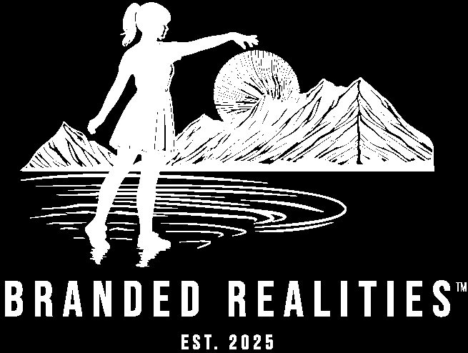 Branded Realities logo: figure reaching toward the sun over mountains, Est. 2025