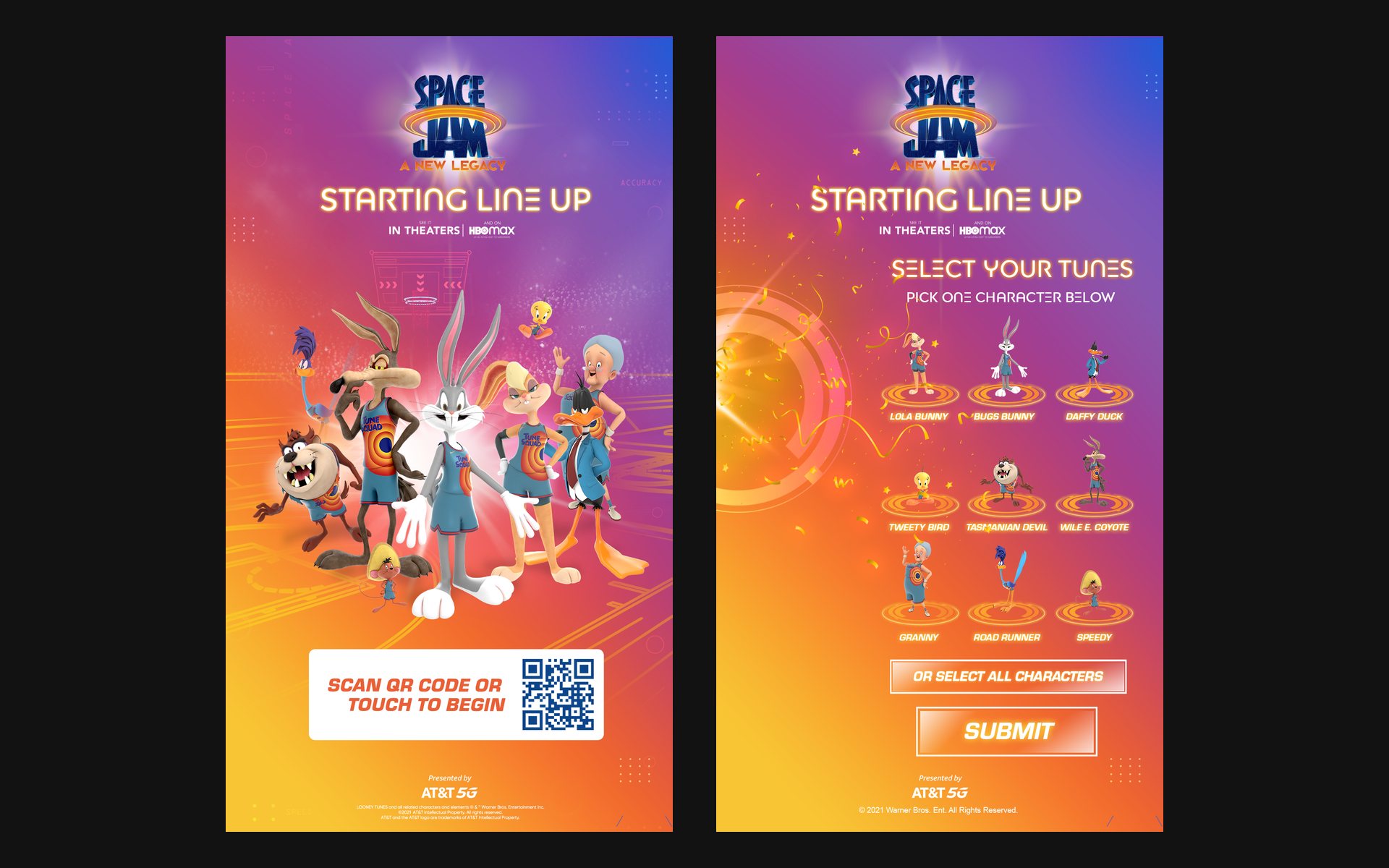 Space Jam: A New Legacy, Starting Line Up kiosk, attract and character select screens