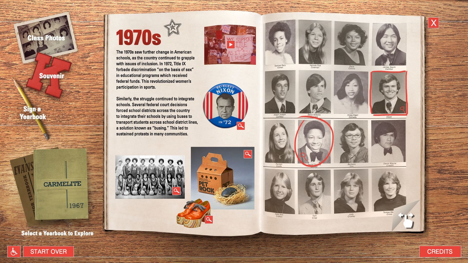 Interactive yearbook exhibit, 1970s spread