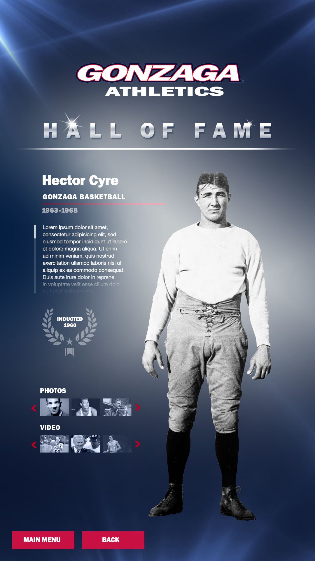 Gonzaga Athletics Hall of Fame, inductee profile screen